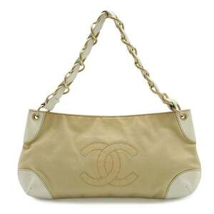 CHANEL Coco Mark Chain Shoulder Bag, Canvas and Leather, White/Beige, A20825